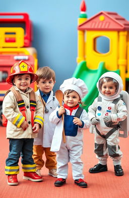 An imaginative and playful scene depicting children dressed up in various professions