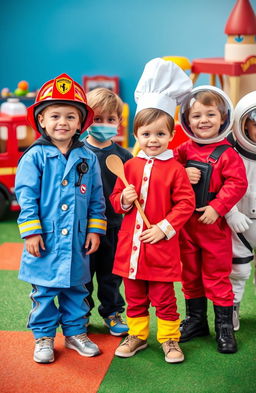 An imaginative and playful scene depicting children dressed up in various professions