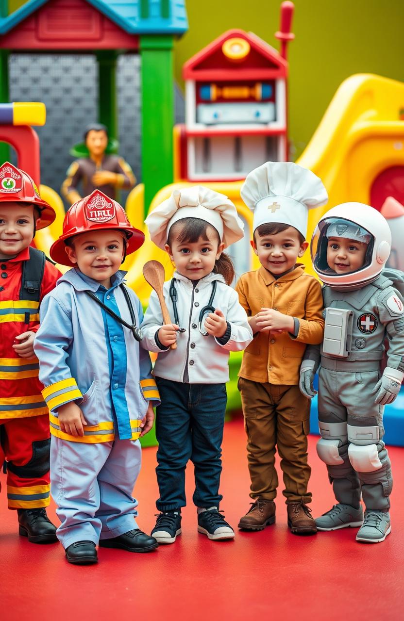 An imaginative and playful scene depicting children dressed up in various professions