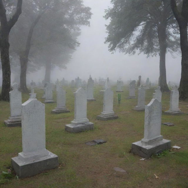 In the serene cemetery, a group of ethereal, spectral apparitions representing the victims of a tsunami, rise from their graves as the man looks on with surprise and awe