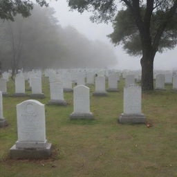 In the serene cemetery, a group of ethereal, spectral apparitions representing the victims of a tsunami, rise from their graves as the man looks on with surprise and awe