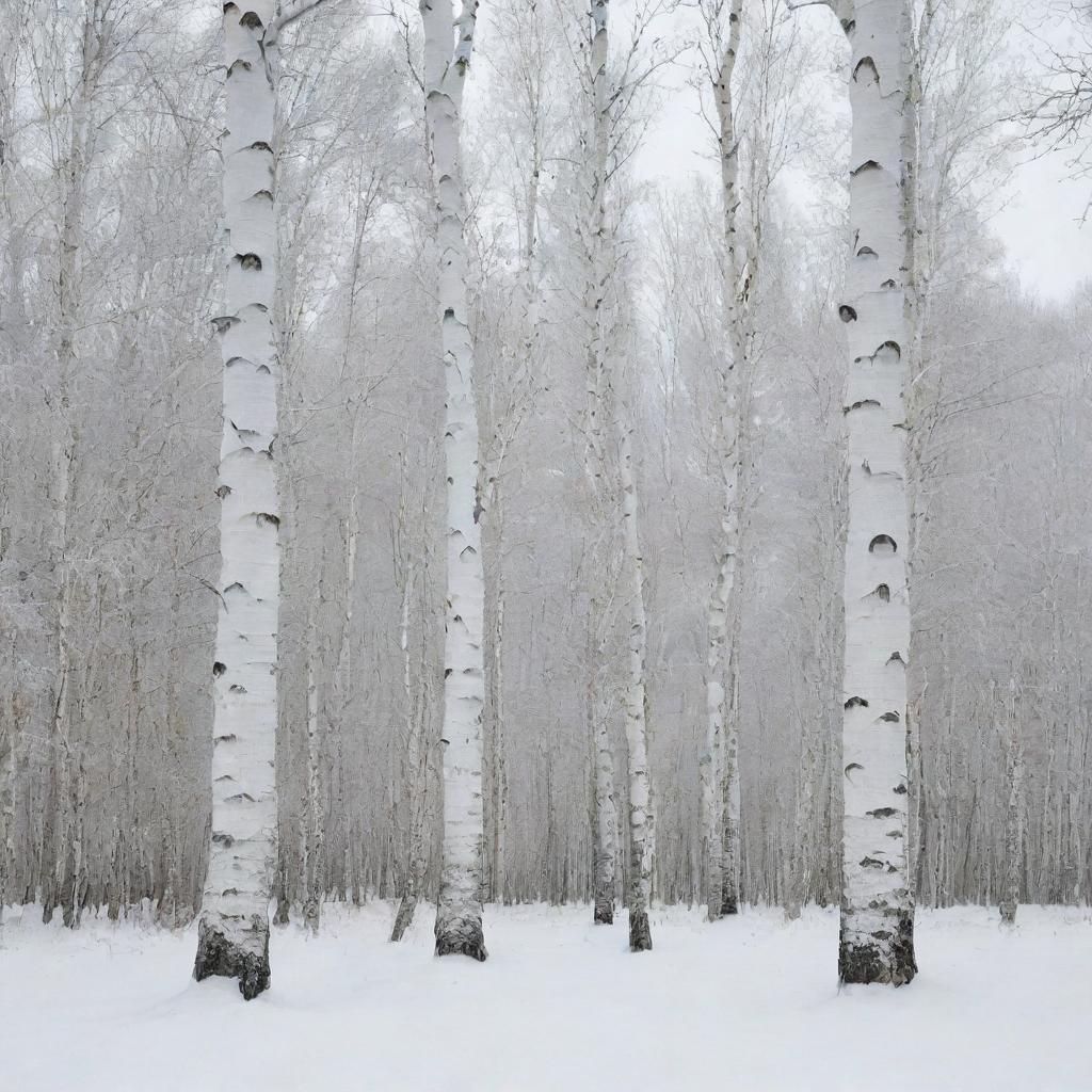 Three birch trees standing tall on a snowy winter landscape, with the serene whiteness enveloping everything around them.