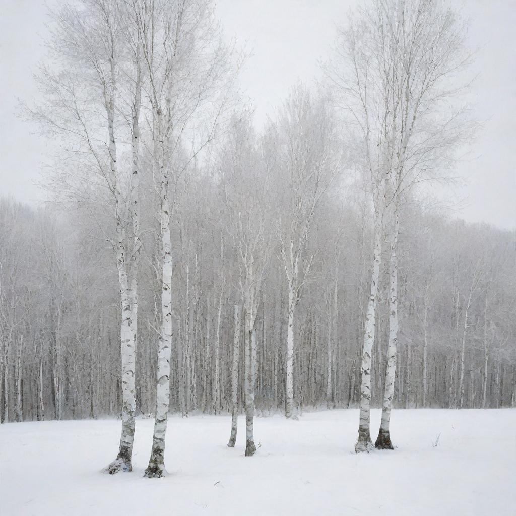 Three birch trees standing tall on a snowy winter landscape, with the serene whiteness enveloping everything around them.