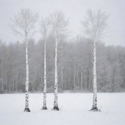 Three birch trees standing tall on a snowy winter landscape, with the serene whiteness enveloping everything around them.