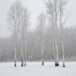 Three birch trees standing tall on a snowy winter landscape, with the serene whiteness enveloping everything around them.