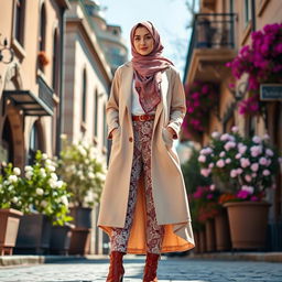 A stylish Turkish hijabi girl, elegantly dressed in a modern yet traditional hijab that features intricate designs