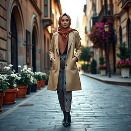 A stylish Turkish hijabi girl, elegantly dressed in a modern yet traditional hijab that features intricate designs