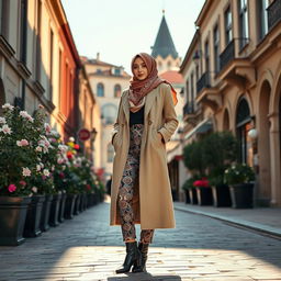A stylish Turkish hijabi girl, elegantly dressed in a modern yet traditional hijab that features intricate designs
