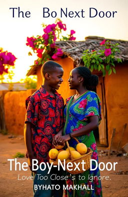 A rural African village at sunset, featuring a small, ochre-colored mud-brick house with a thatched roof and vibrant bougainvillea in bloom