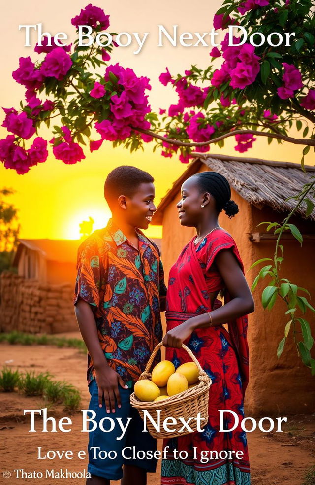 A rural African village at sunset, featuring a small, ochre-colored mud-brick house with a thatched roof and vibrant bougainvillea in bloom