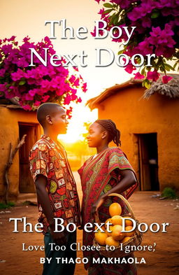 A rural African village at sunset, featuring a small, ochre-colored mud-brick house with a thatched roof and vibrant bougainvillea in bloom