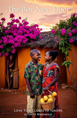 A rural African village at sunset, featuring a small, ochre-colored mud-brick house with a thatched roof and vibrant bougainvillea in bloom