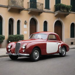 Picture a vintage 1940s styled Alfa Romeo, elegant in its design with a round front grille, shiny chrome accents and curved body lines, parked in a charming Italian neighborhood