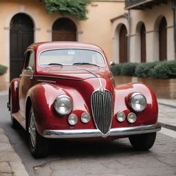 Picture a vintage 1940s styled Alfa Romeo, elegant in its design with a round front grille, shiny chrome accents and curved body lines, parked in a charming Italian neighborhood