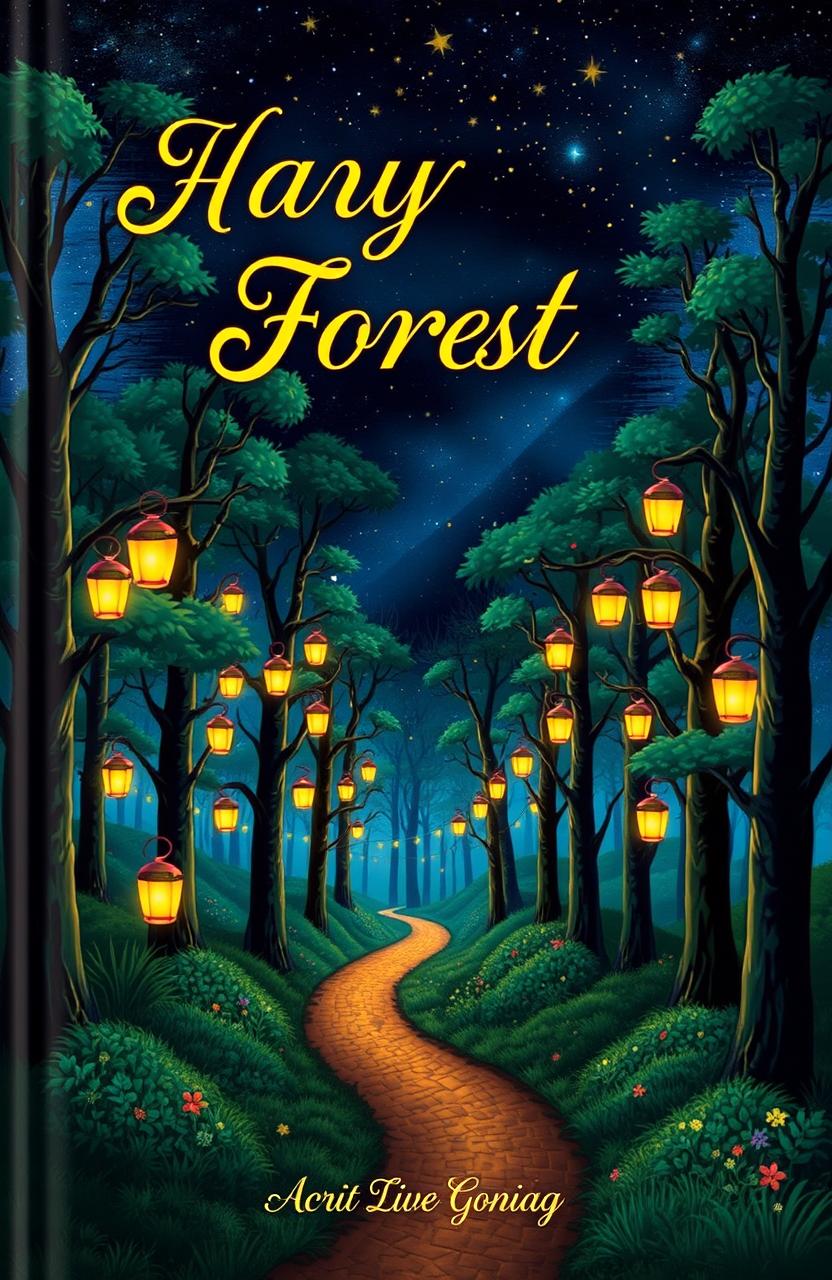 A visually striking book cover that features a whimsical forest filled with towering trees adorned with colorful lanterns, glowing softly under a starry night sky