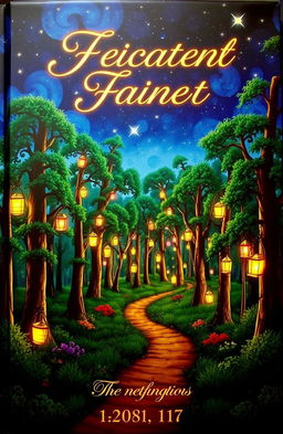 A visually striking book cover that features a whimsical forest filled with towering trees adorned with colorful lanterns, glowing softly under a starry night sky