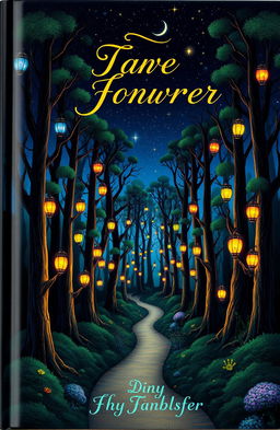 A visually striking book cover that features a whimsical forest filled with towering trees adorned with colorful lanterns, glowing softly under a starry night sky