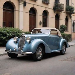 Picture a vintage 1940s styled Alfa Romeo, elegant in its design with a round front grille, shiny chrome accents and curved body lines, parked in a charming Italian neighborhood