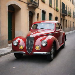 Picture a vintage 1940s styled Alfa Romeo, elegant in its design with a round front grille, shiny chrome accents and curved body lines, parked in a charming Italian neighborhood