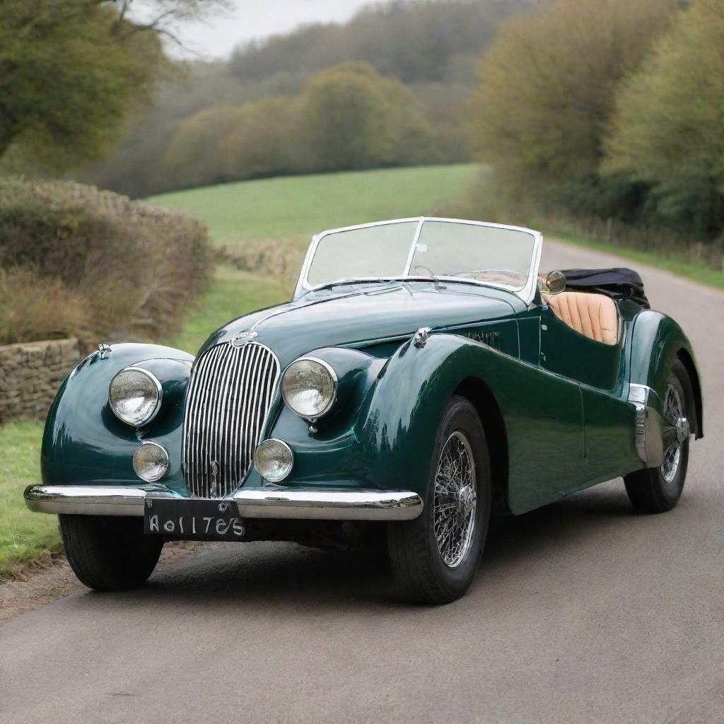 Imagine a 1940s era Jaguar, radiating old-world charm with its distinctive contours, gleaming British racing green paintwork, chrome details, cruising down a scenic country lane