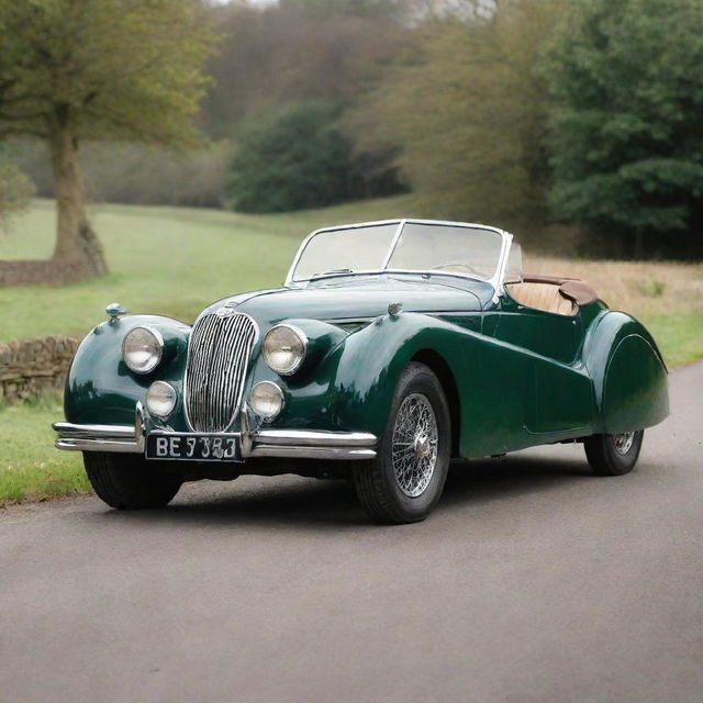 Imagine a 1940s era Jaguar, radiating old-world charm with its distinctive contours, gleaming British racing green paintwork, chrome details, cruising down a scenic country lane