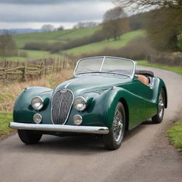 Imagine a 1940s era Jaguar, radiating old-world charm with its distinctive contours, gleaming British racing green paintwork, chrome details, cruising down a scenic country lane