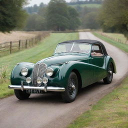 Imagine a 1940s era Jaguar, radiating old-world charm with its distinctive contours, gleaming British racing green paintwork, chrome details, cruising down a scenic country lane