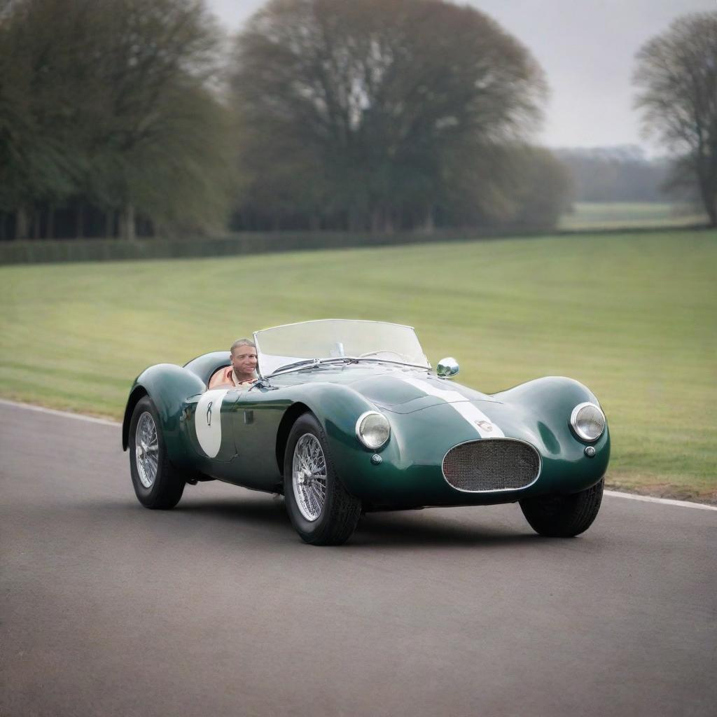 Picture a Lotus styled with the aesthetic of the 1940s; subtle curves, chrome ornamentation, racing stripes, set on an atmospheric British racing circuit