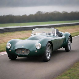 Picture a Lotus styled with the aesthetic of the 1940s; subtle curves, chrome ornamentation, racing stripes, set on an atmospheric British racing circuit