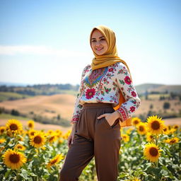 A beautiful Ukrainian hijabi girl, dressed in a stylish and modern outfit that combines traditional Ukrainian elements with contemporary fashion