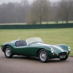 Picture a Lotus styled with the aesthetic of the 1940s; subtle curves, chrome ornamentation, racing stripes, set on an atmospheric British racing circuit