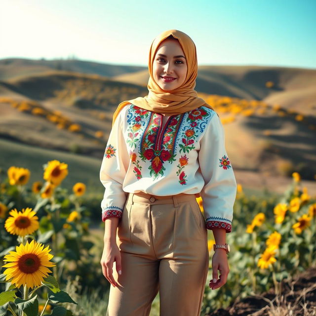 A beautiful Ukrainian hijabi girl, dressed in a stylish and modern outfit that combines traditional Ukrainian elements with contemporary fashion