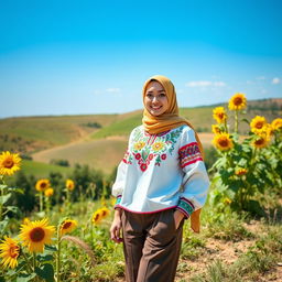 A beautiful Ukrainian hijabi girl, dressed in a stylish and modern outfit that combines traditional Ukrainian elements with contemporary fashion