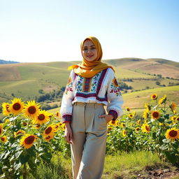 A beautiful Ukrainian hijabi girl, dressed in a stylish and modern outfit that combines traditional Ukrainian elements with contemporary fashion