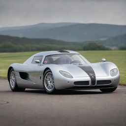 Visualise a Koenigsegg imagined in the 1940s, with sweeping lines, prominent grilles, chrome trimmings, and polished alloy wheels, positioned on a race track