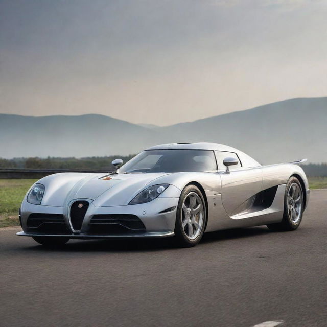 Visualise a Koenigsegg imagined in the 1940s, with sweeping lines, prominent grilles, chrome trimmings, and polished alloy wheels, positioned on a race track