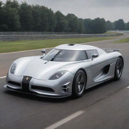 Visualise a Koenigsegg imagined in the 1940s, with sweeping lines, prominent grilles, chrome trimmings, and polished alloy wheels, positioned on a race track