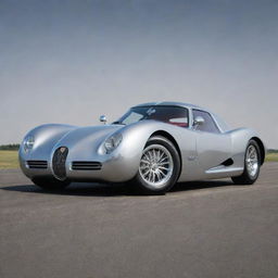 Visualise a Koenigsegg imagined in the 1940s, with sweeping lines, prominent grilles, chrome trimmings, and polished alloy wheels, positioned on a race track