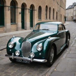 Imagine a 1940s styled Aston Martin, classy and regal with its sleek form, chrome detailing, British racing green colour, making its way down a cobblestone street