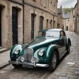 Imagine a 1940s styled Aston Martin, classy and regal with its sleek form, chrome detailing, British racing green colour, making its way down a cobblestone street