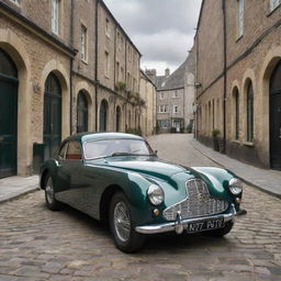 Imagine a 1940s styled Aston Martin, classy and regal with its sleek form, chrome detailing, British racing green colour, making its way down a cobblestone street