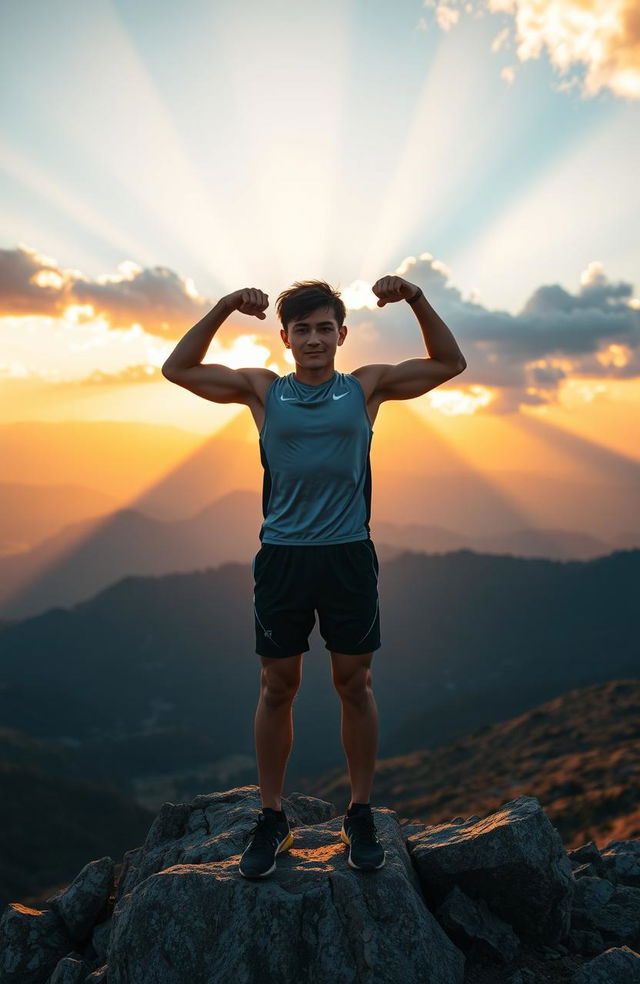 A determined young athlete standing tall on the peak of a mountain at sunrise, hands raised in victory, overlooking a breathtaking landscape of valleys and distant mountains, sunlight breaking through clouds, creating golden rays illuminating the scene, vibrant colors of orange, pink, and blue in the sky, conveying a sense of triumph and resilience, the athlete wearing modern sports gear, showcasing strength and confidence