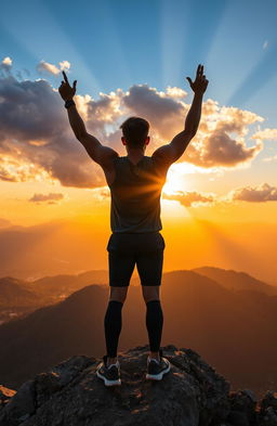 A determined young athlete standing tall on the peak of a mountain at sunrise, hands raised in victory, overlooking a breathtaking landscape of valleys and distant mountains, sunlight breaking through clouds, creating golden rays illuminating the scene, vibrant colors of orange, pink, and blue in the sky, conveying a sense of triumph and resilience, the athlete wearing modern sports gear, showcasing strength and confidence
