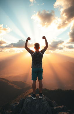 A determined young athlete standing tall on the peak of a mountain at sunrise, hands raised in victory, overlooking a breathtaking landscape of valleys and distant mountains, sunlight breaking through clouds, creating golden rays illuminating the scene, vibrant colors of orange, pink, and blue in the sky, conveying a sense of triumph and resilience, the athlete wearing modern sports gear, showcasing strength and confidence
