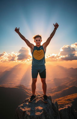 A determined young athlete standing tall on the peak of a mountain at sunrise, hands raised in victory, overlooking a breathtaking landscape of valleys and distant mountains, sunlight breaking through clouds, creating golden rays illuminating the scene, vibrant colors of orange, pink, and blue in the sky, conveying a sense of triumph and resilience, the athlete wearing modern sports gear, showcasing strength and confidence