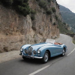 Visualize a 1940s-style Maserati, with its elegant shapes, chrome trim, luminous exterior, set on a gorgeous coastal road in Italy