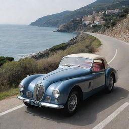 Visualize a 1940s-style Maserati, with its elegant shapes, chrome trim, luminous exterior, set on a gorgeous coastal road in Italy