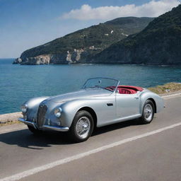 Visualize a 1940s-style Maserati, with its elegant shapes, chrome trim, luminous exterior, set on a gorgeous coastal road in Italy