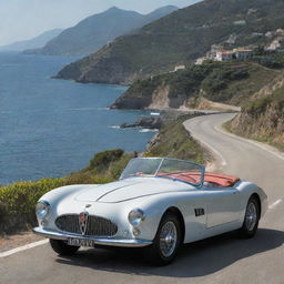 Visualize a 1940s-style Maserati, with its elegant shapes, chrome trim, luminous exterior, set on a gorgeous coastal road in Italy