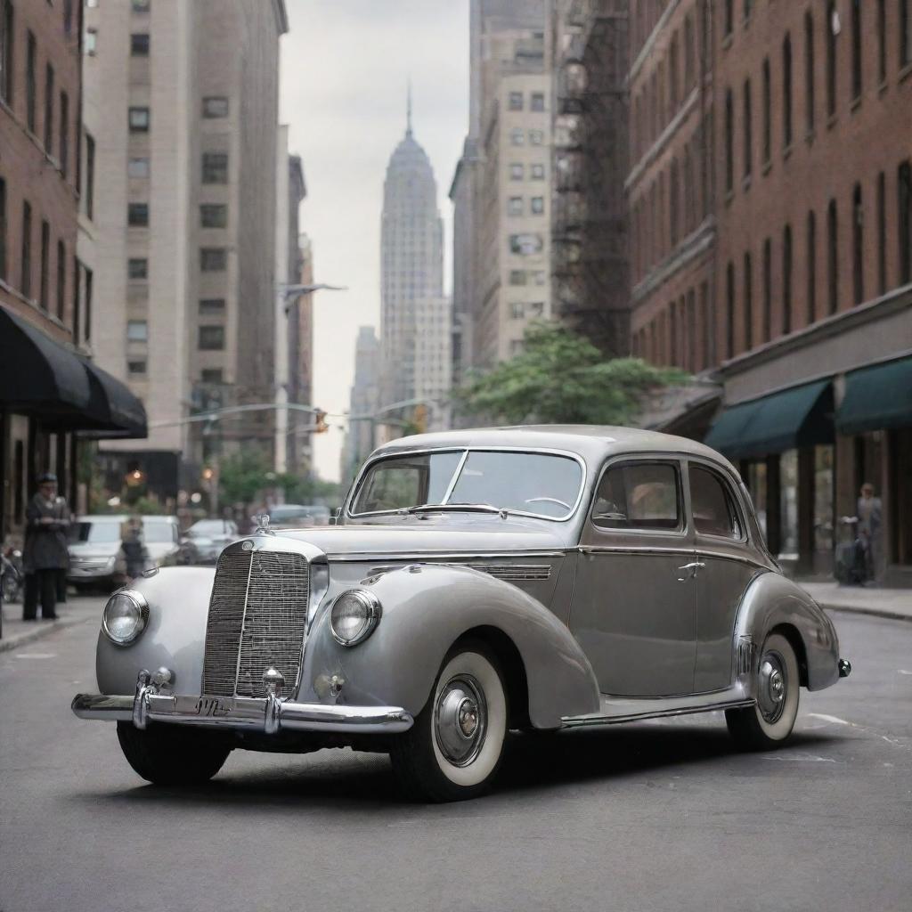 Visualize a classic 1940s Mercedes-Benz with its elegant silhouette, iconic star emblem, chrome accents, parked along a bustling cityscape